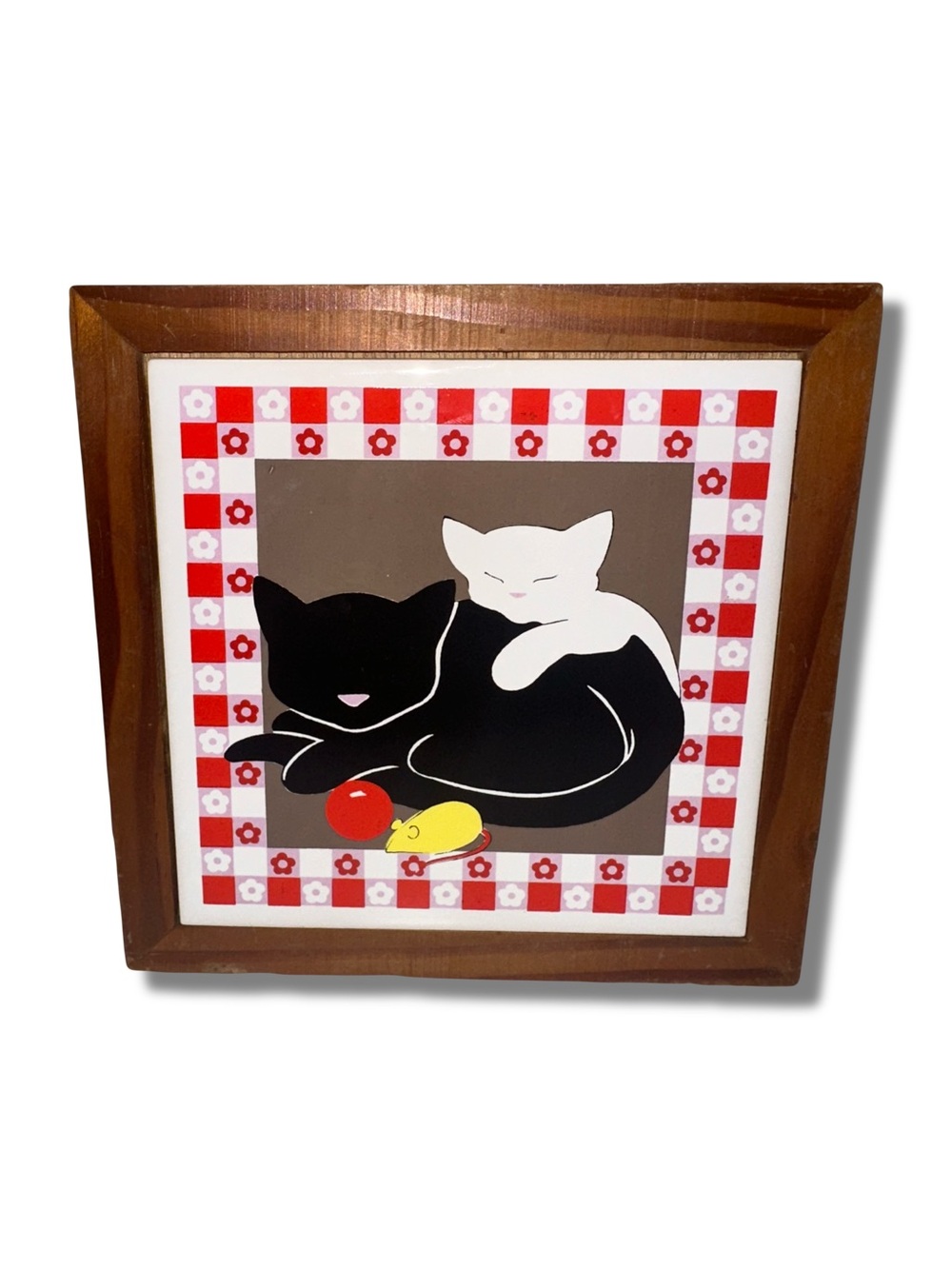 Vtg Framed Ceramic Cat Tile